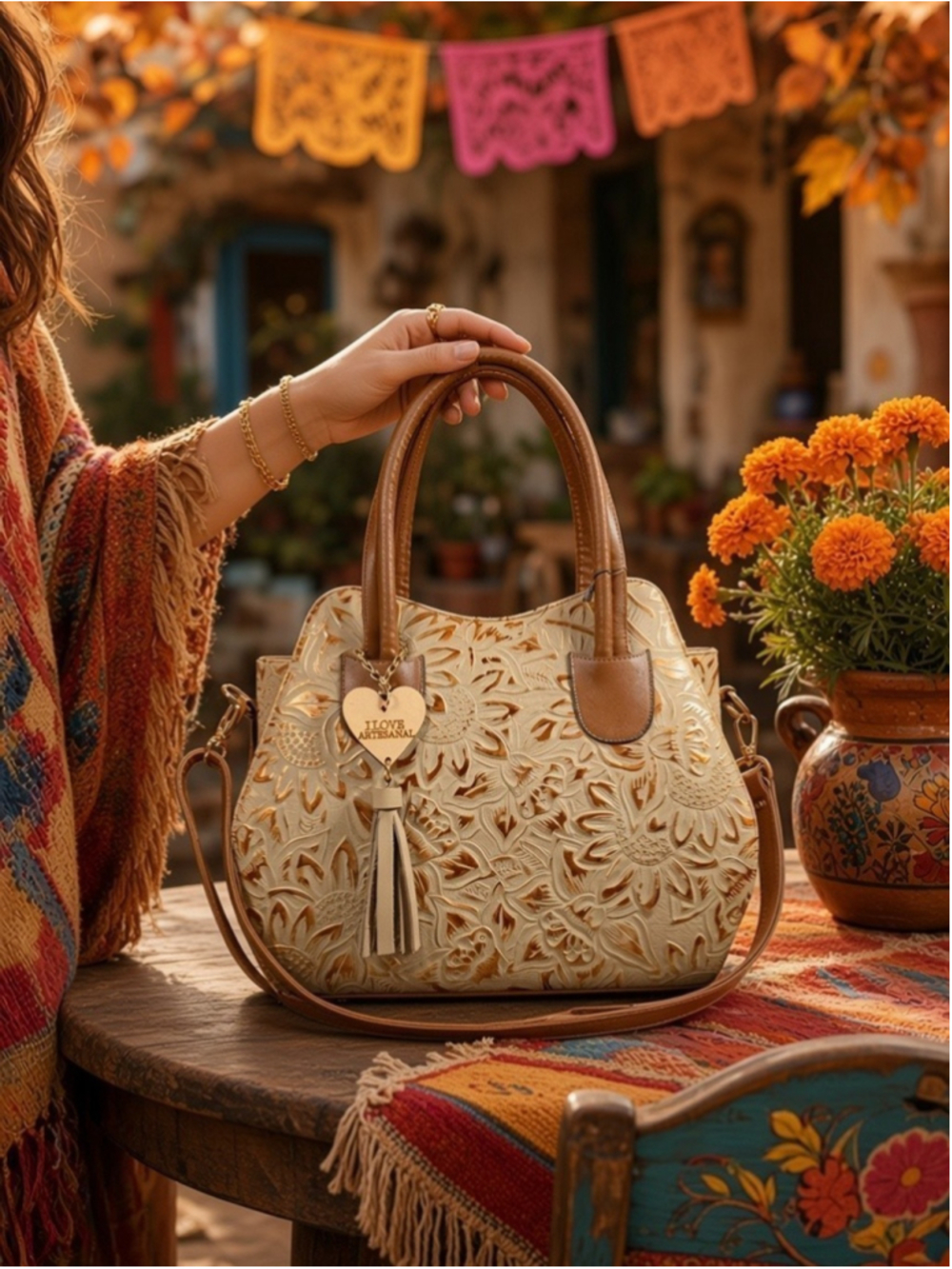 Light Taupe Gold Brown Sunflower Embossed Tooled Artisan LEATHER Handbag Purse